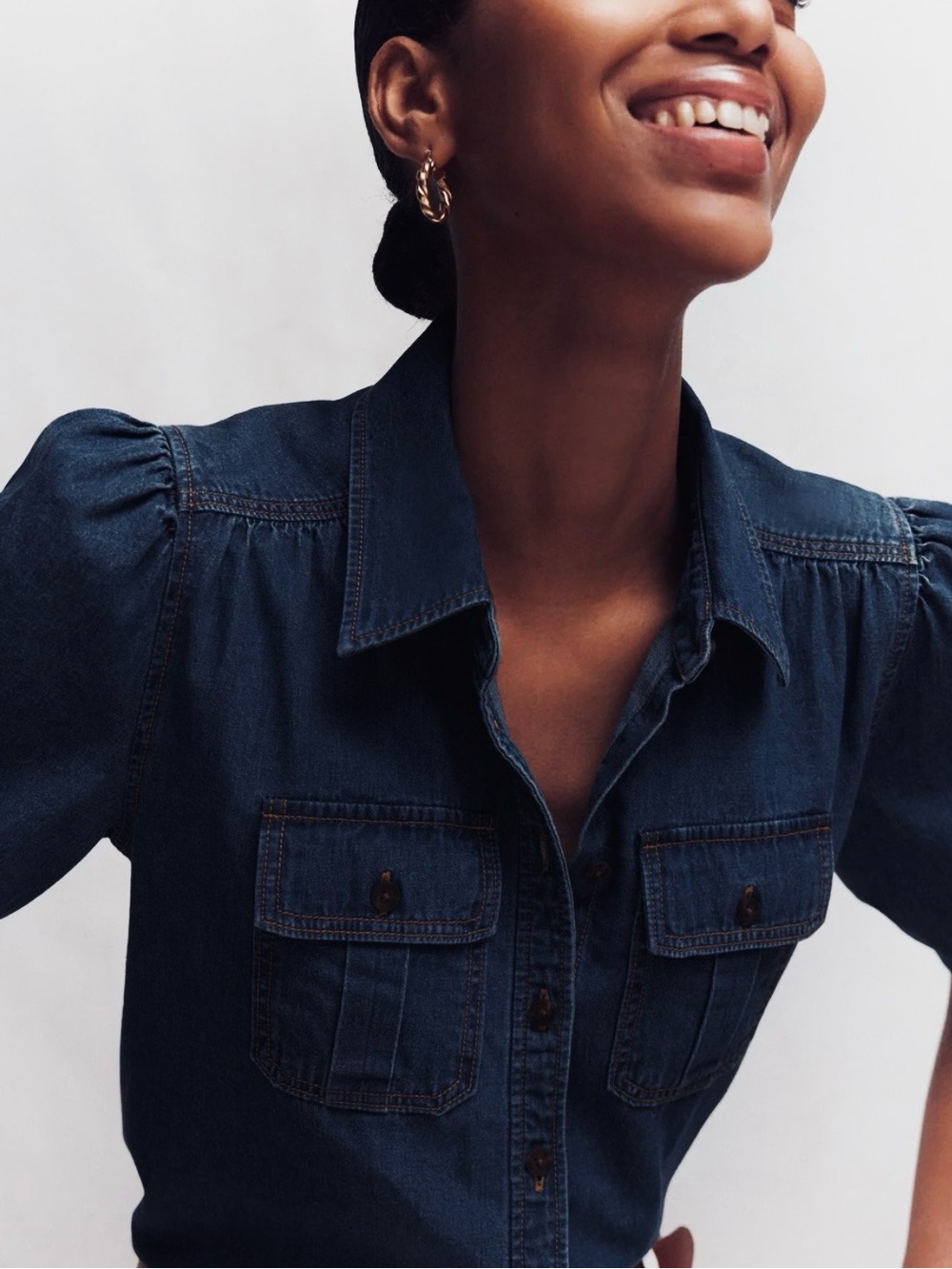 NWT Hem and Thread denim puff sleeve button down sz M